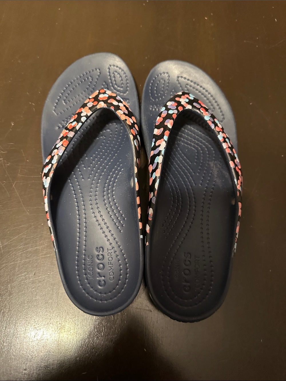 CROCS Women’s Navy Flip Sandals with Multicolor Dot Straps